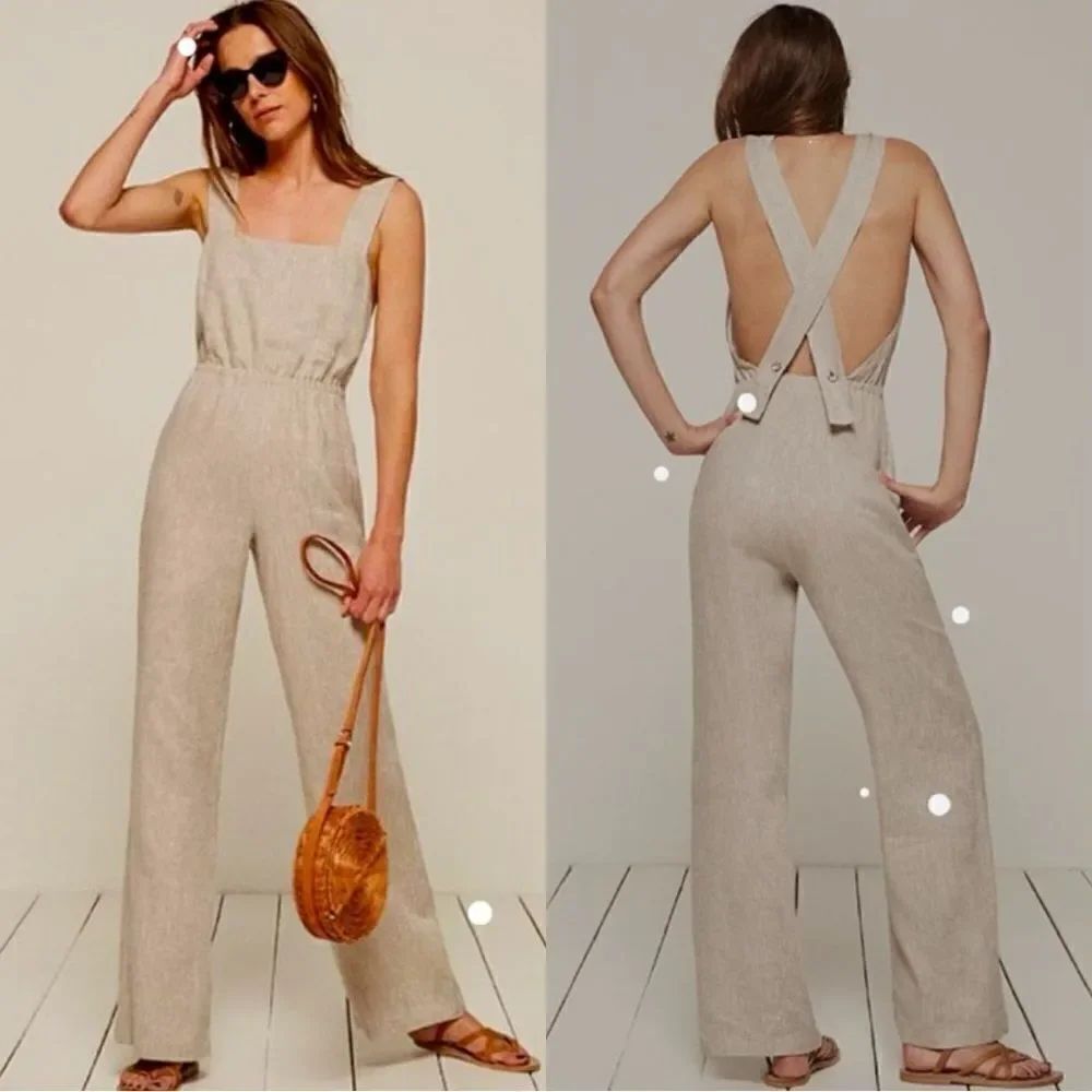 Reformation Trace Oatmeal Linen Cream Tan Jumpsuit Size 0
